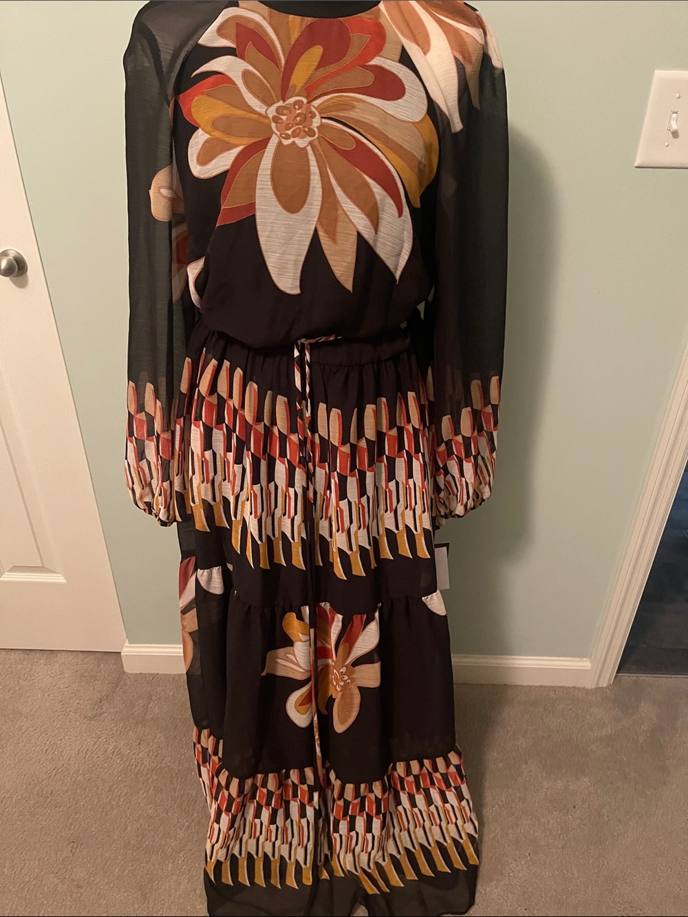 Maison Tara NWT Black Maxi Dress with Mustard, Rust & Cream Floral Accents - Picture 1 of 10